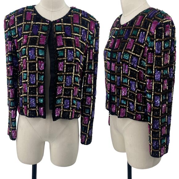 Vintage 80s Adrianna Papell Beaded Silk Jacket Sequin Black Pink Teal Purple S P - Picture 1 of 14
